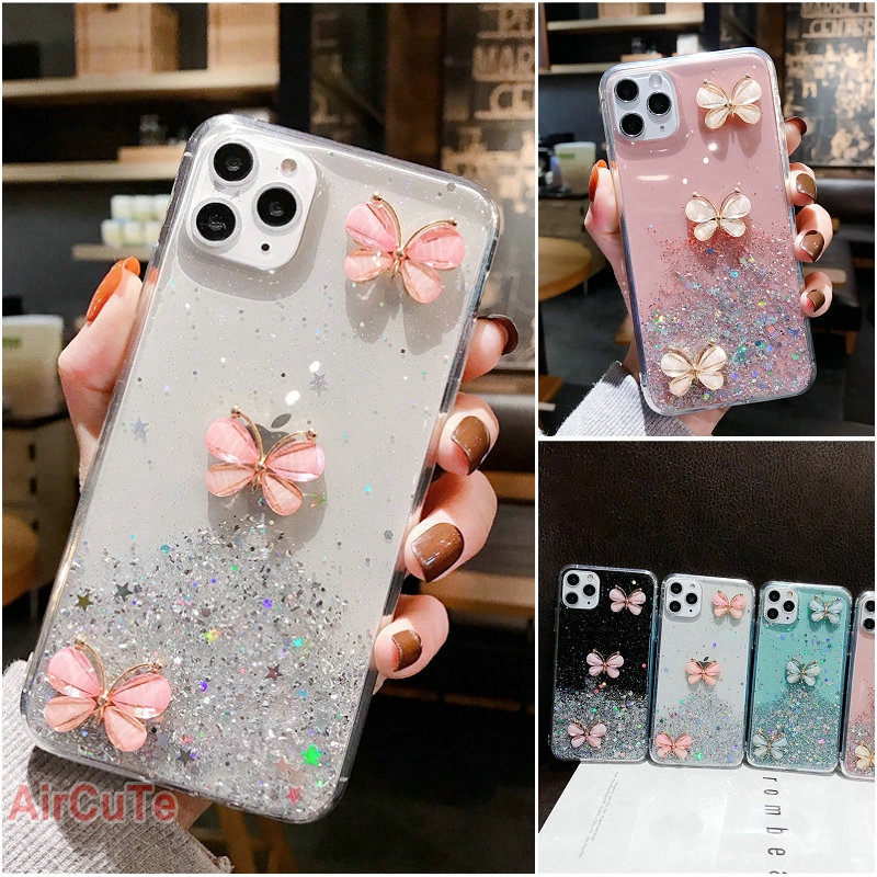Samsung S8 S9 Plus Note 8 9 A6 Plus A8 A9 J8 2018 J4 J6 M10 M20 3D Butterfly Glitter Bling Soft Case Cover