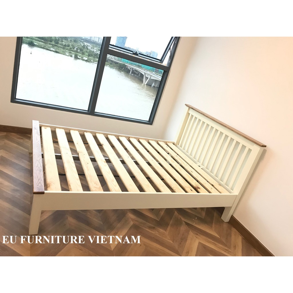 Giường ngủ đơn Julian 1m6 x 2m gỗ tự nhiên màu trắng viền sồi
