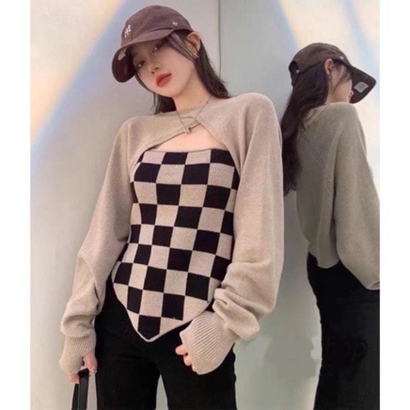 Set 2 áo gồm áo hai dây kẻ caro áo khoác len tay dài màu trơn hợp thời trang cho nữ | BigBuy360 - bigbuy360.vn