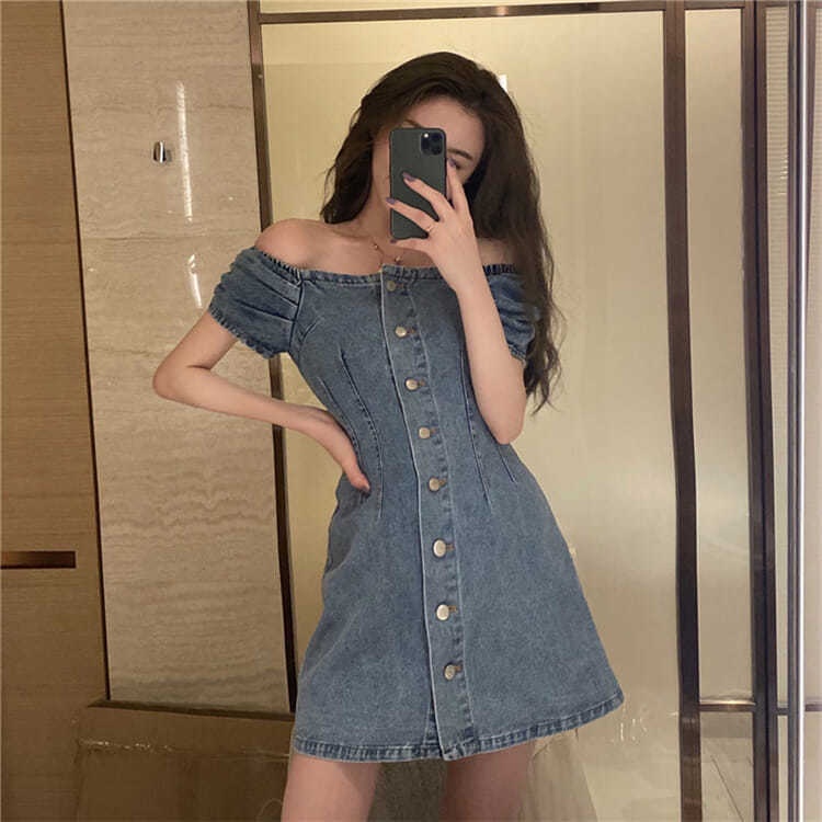 Áo đầm denim dáng mỏng thiết kế phong cách cổ điển Hồng Kông dành cho nữ