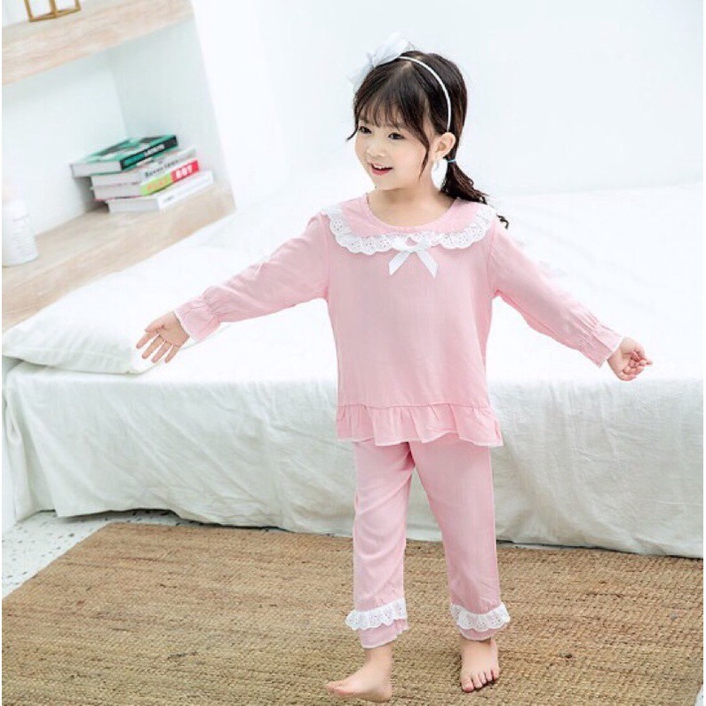 [ PIZAMA CHO BÉ] Đồ Ngủ Dài Tay Bé Gái_Pijama Lụa Dài Tay Phối Ren Dành Cho Bé Gái từ 7- 17 kg