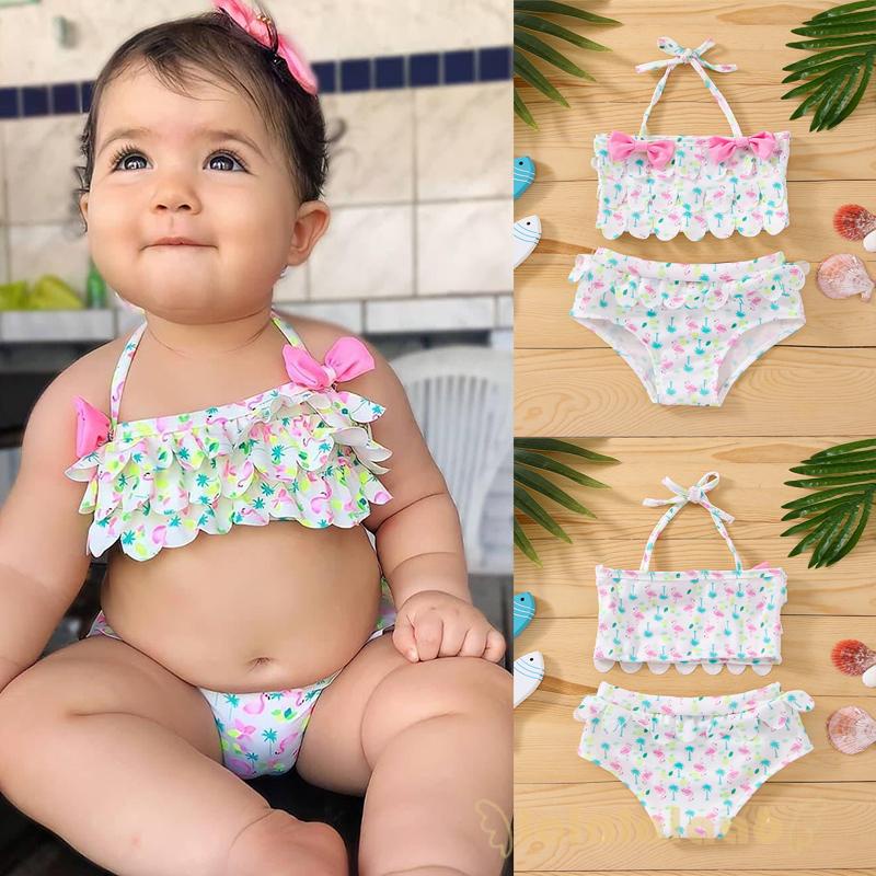 Bộ Đồ Bơi 2 Mảnh Áo Yếm Cổ Yếm + Quần Eo Thun In Hình Chim Hồng Hạc Dành Cho Bé Gái 6 Tháng Đến 3 Tuổi