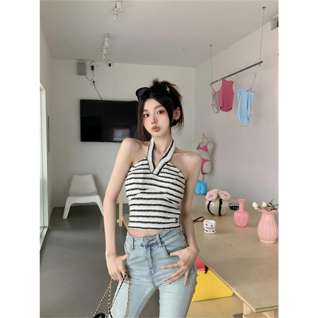 QADCOL Áo Lửng Hai Dây Dáng Ôm Họa Tiết Kẻ Sọc Thời Trang Mùa Hè Mới Dành Cho Bạn Nữ