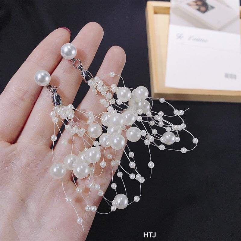 Bông tai bông tua dua hạt ngọc chốt bạc siêu xinh