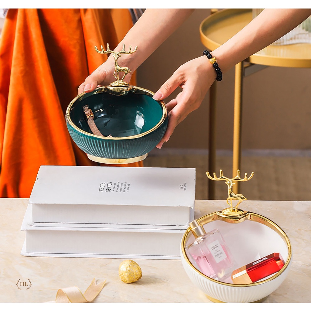 Bát Sứ Đựng Kẹo - Chìa Khóa - Phụ Kiện Decor 2023| Âu Sứ Decor Kẻ Vàng Kim Vân Nổi Hình Hươu Mạ Vàng ( Hàng Có Sẵn )