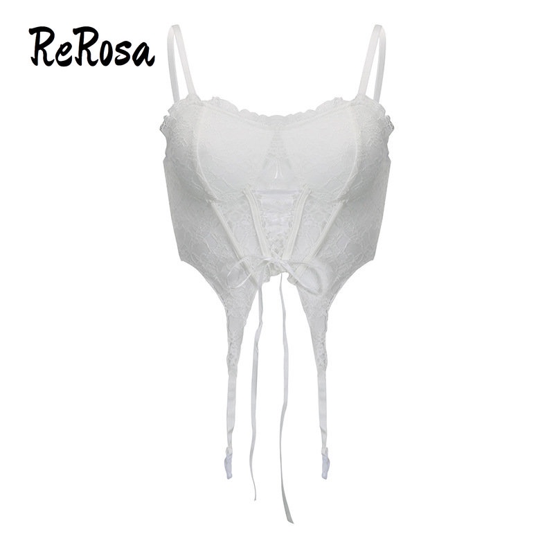 Rerosa Áo Crop Top Phối Ren Màu Trơn Cột Dây Nơ Xinh Xắn Cho Nữ