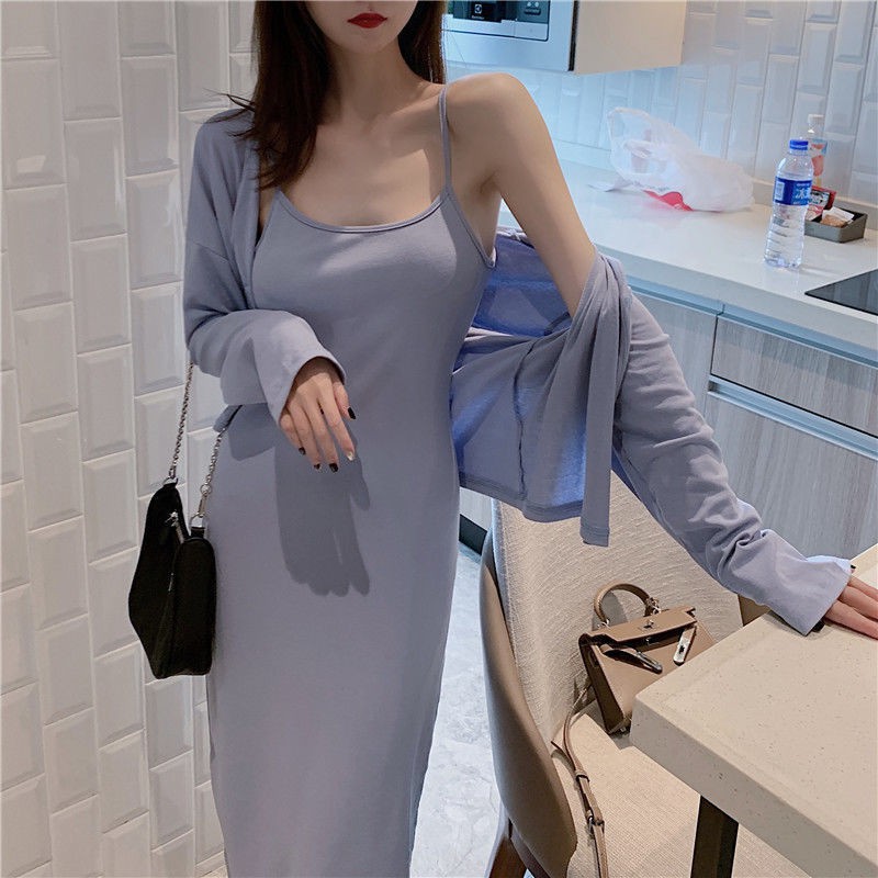 Bộ đầm hai dây có áo khoác tay dài kiểu dáng ôm eo phong cách phương tây thời trang mùa thu