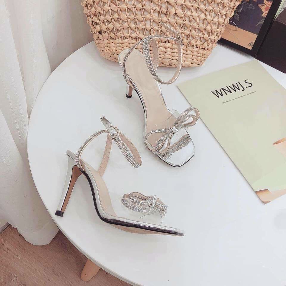 GIÀY SANDAL CAO GÓT QUAI TRONG ĐÍNH NƠ ĐÁ GÓT NHỌN 9P