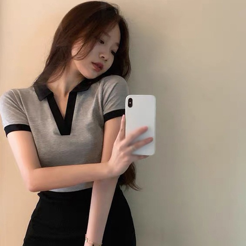 Áo Thun Polo Tay Ngắn Cổ Chữ V Màu Sắc Tương Phản Dành Cho Nữ Size S-XL