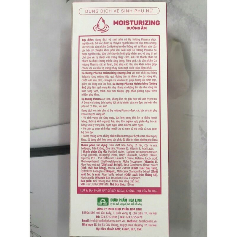 dung dịch vệ sinh phụ nữ Dạ Hương Pharma Moisturizing thành phần từ thiên nhiên(hoa Hồng, dâu tằm, trầu không, collagen