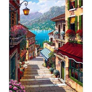 Bộ dụng cụ vẽ tranh acrylic theo thứ tự số đếm họa tiết con đường bắt mắt 50x40 không kèm khung