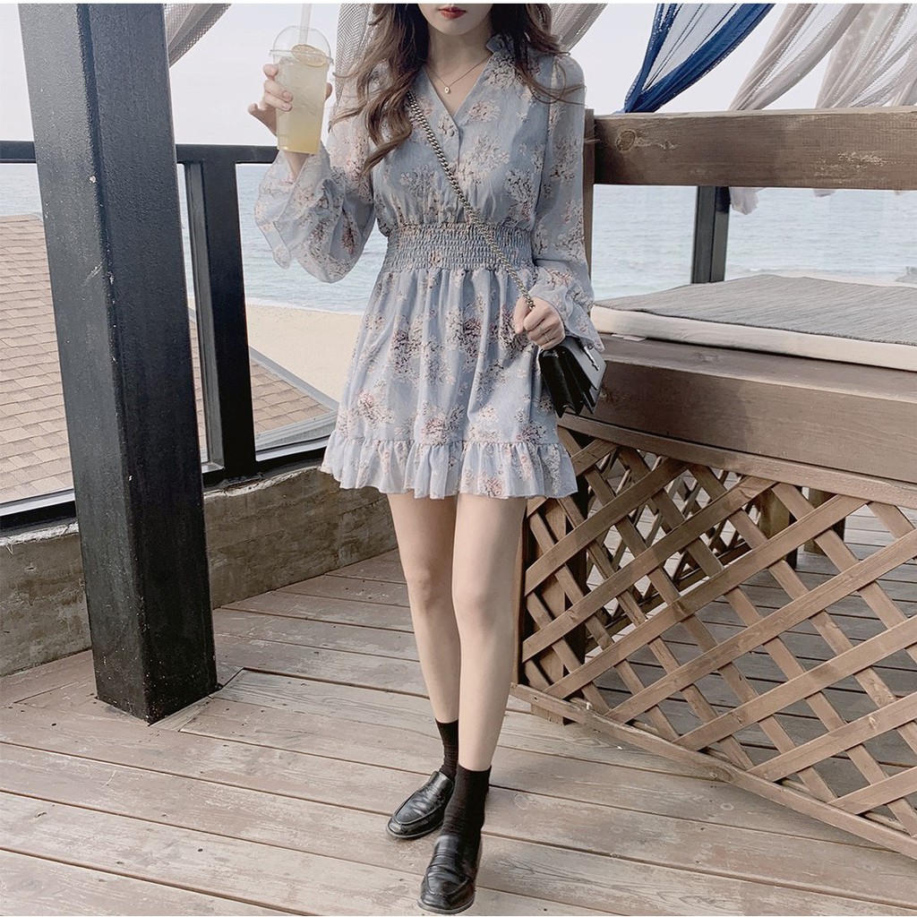 Đầm Voan Hoa Tay Dài Cổ Chữ V Thời Trang 29250