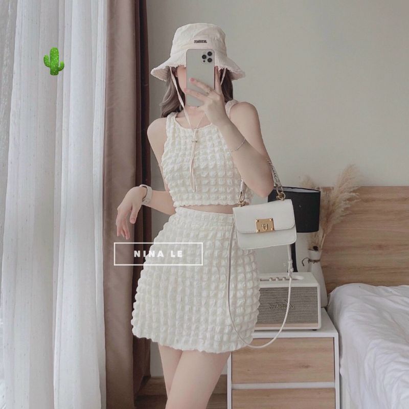 🎀🎀 Sét Váy Xốp Ô Vuông Nổi hot trend Active, Áo ba lỗ Croptop phối chân váy ôm có lót trong ,Size <53kg