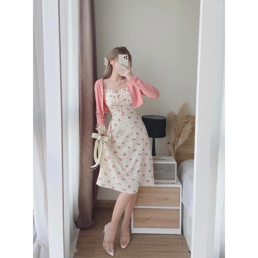 Đầm Hai Dây Hoa  Kết Hợp Áo Khoác Cadigan Len Xốp Cùng Màu HT50 HaLuu Store Thích Hợp Cho Nữ