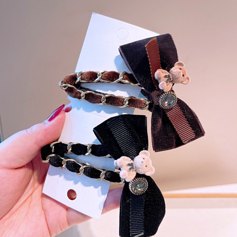 Kẹp Tóc Hình Gấu Phối Chuỗi Xích Bằng Nhung Handmade Chống Trượt Thời Trang