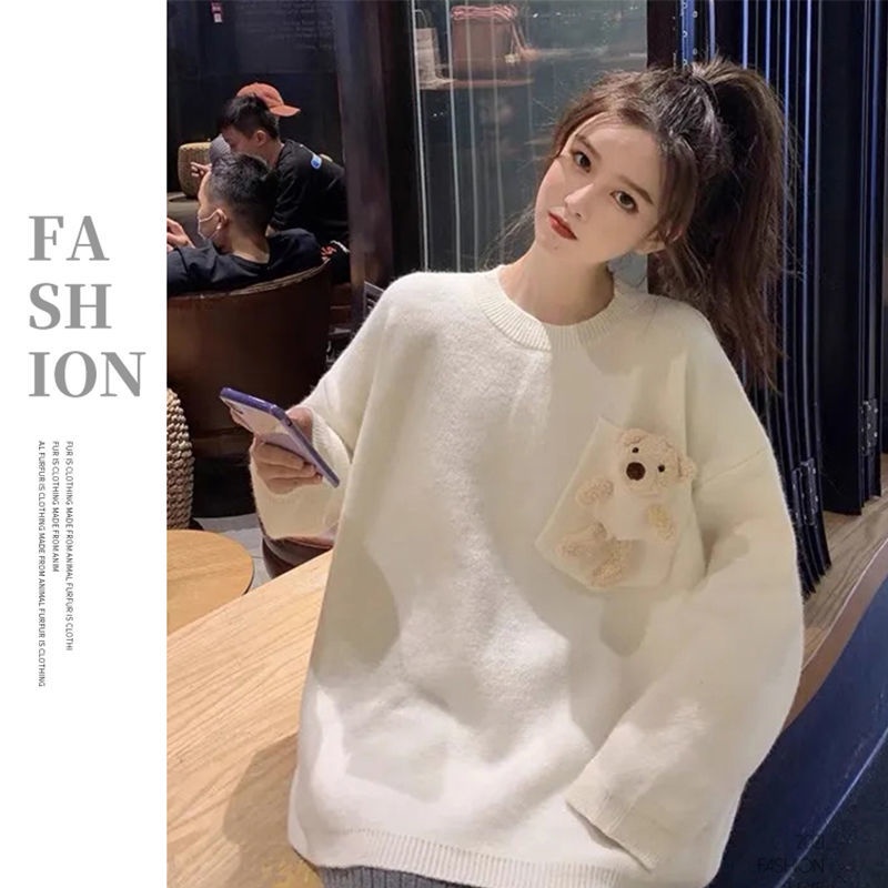 Áo sweater dày dặn chui đầu kiểu dáng rộng trang trí búp bê gấu phong cách nước ngoài cho nữ