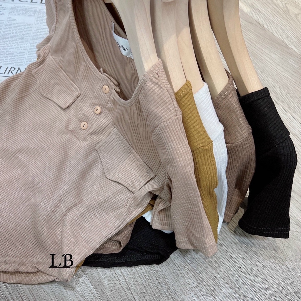 Áo thun tăm cúc ngực hai túi, Áo kiểu dáng ôm cài cúc co giãn