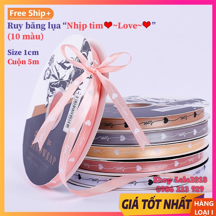( Cuộn 5m ) Ruy băng lụa Nhịp tim ❤️~~LOVE~~❤️ ruy băng lụa in chữ bản rộng 1cm cao cấp