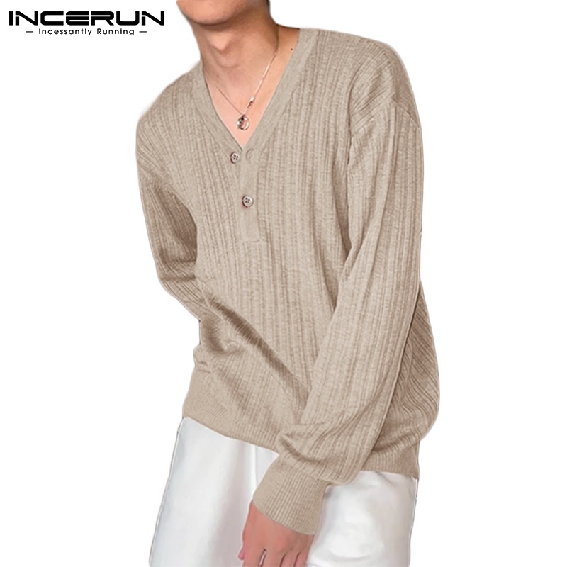 Áo INCERUN cổ chữ V dài tay phối nút thời trang xuân thu thường ngày cho nam