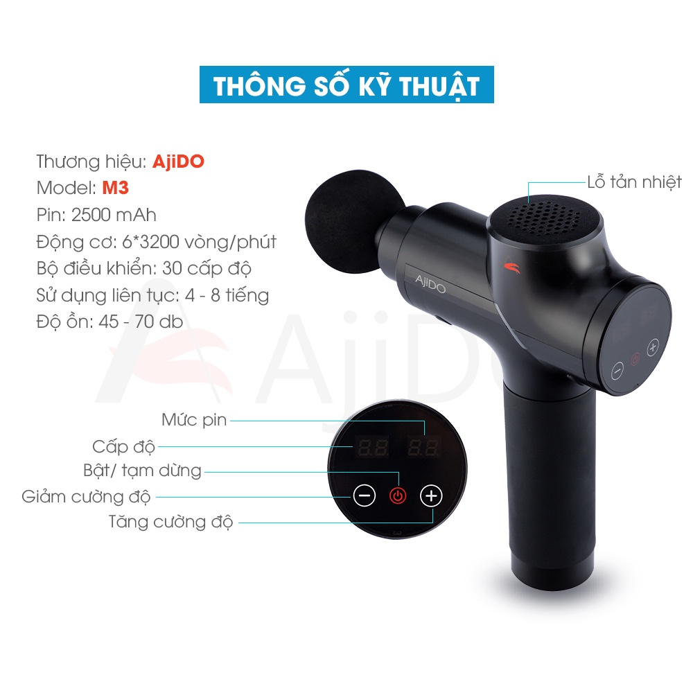 Máy Massage Cầm Tay AjiDO-M3, 15 Đầu Thay Thế, 30 Cấp Độ - Súng Mát Xa Toàn Thân Chuyên Sâu Giãn Cơ, Đấm Lưng, Cổ Vai