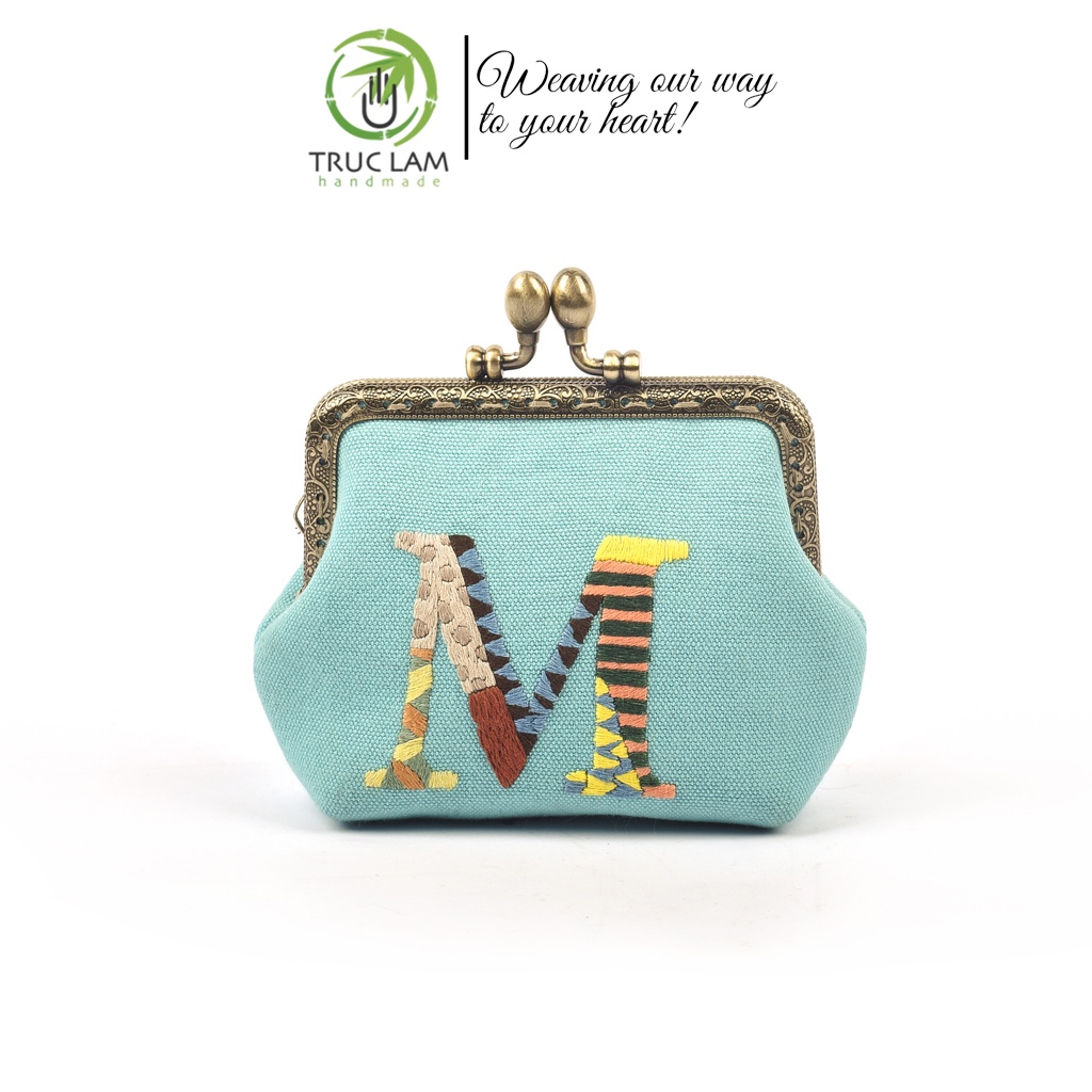 Ví Xu Cầm Tay Mini Khóa Nẹp Đồng Vải Canvas Thêu Tay Họa Tiết Chữ Cái - Trúc Lâm Handmade