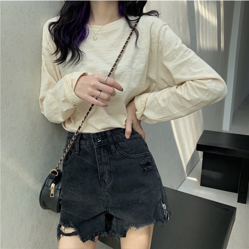 Áo Thun Cotton Tay Dài Dáng Rộng Màu Sắc Đơn Giản 53970