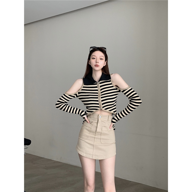 Áo Dệt Kim Tay Dài Trễ Vai Họa Tiết Kẻ Sọc Phong Cách Hong Kong Cổ Điển Thời Trang Cho Nữ