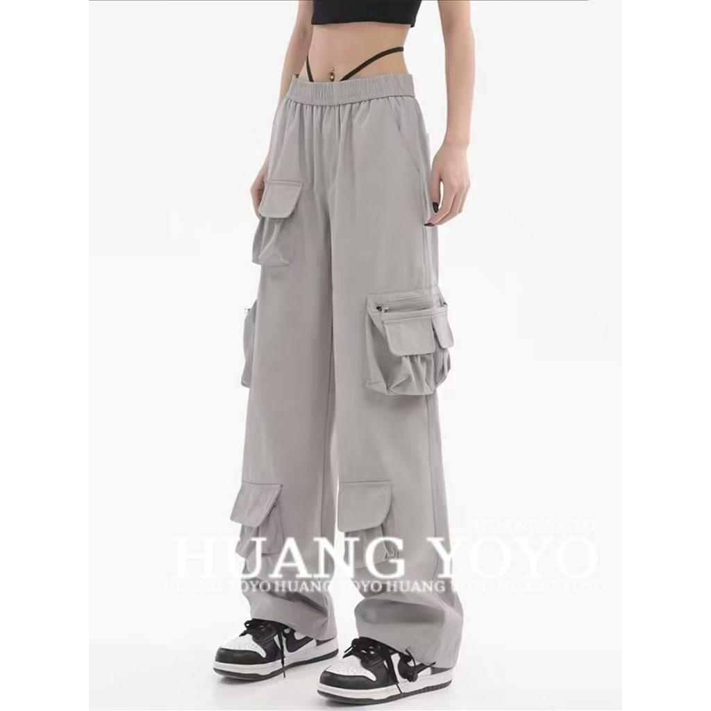 Quần Dài Thể Thao Hip Hop Lưng Cao Có Túi Lớn Màu Xám Cá Tính Thời Trang Mùa Hè Cho Nữ