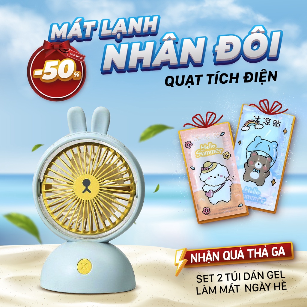 Quạt Mini Tích Điện Để Bàn Tai Thỏ Xoay Tiện lợi - Sạc USB