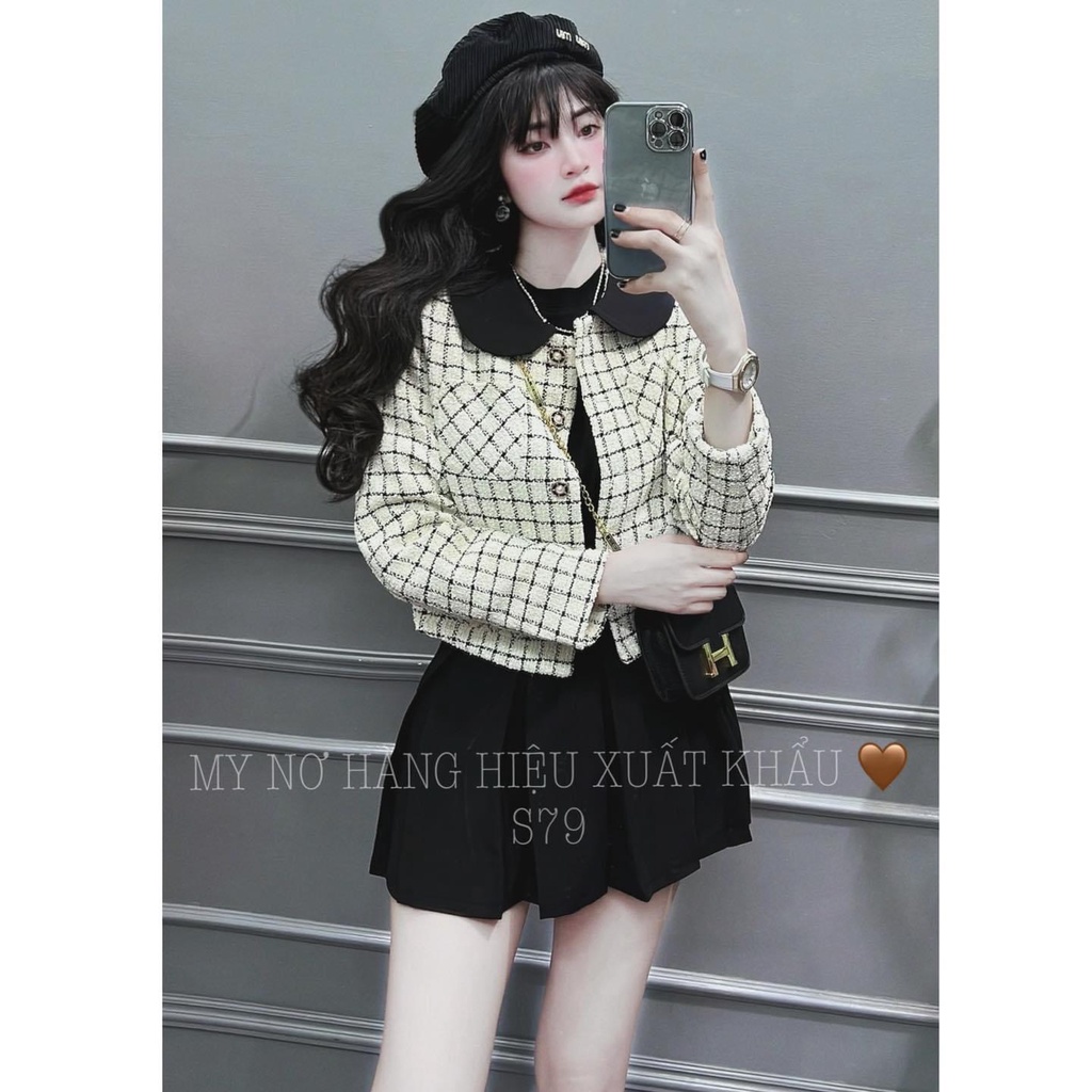 Áo khoác dạ sọc caro phối cổ sen vải dạ tweed cao cấp