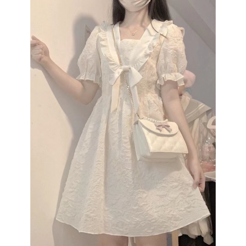 Đầm Babydoll Búp Bê Tay Phồng Đính Nơ Eo Thời Trang Phong cách Công Chúa Váy Nữ