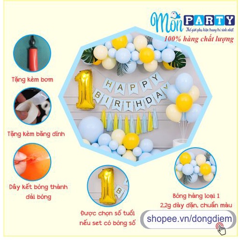 Set bóng trang trí sinh nhật tông vàng đen Mon Party kèm 2 trụ xòe mica dựng bóng trang trí tiệc sinh nhật tại nhà