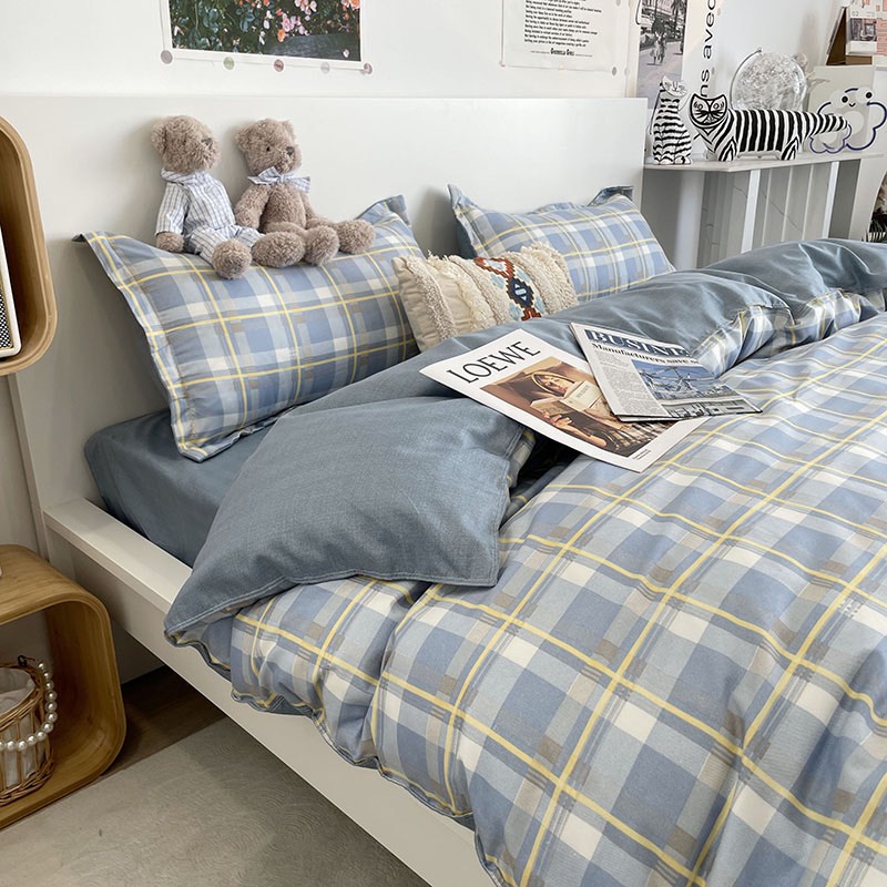 Bộ chăn ga gối cotton poly K'home set ga giường 4 món vỏ chăn ga gối có bo chun theo kích thước - Kẻ ô xanh vàng