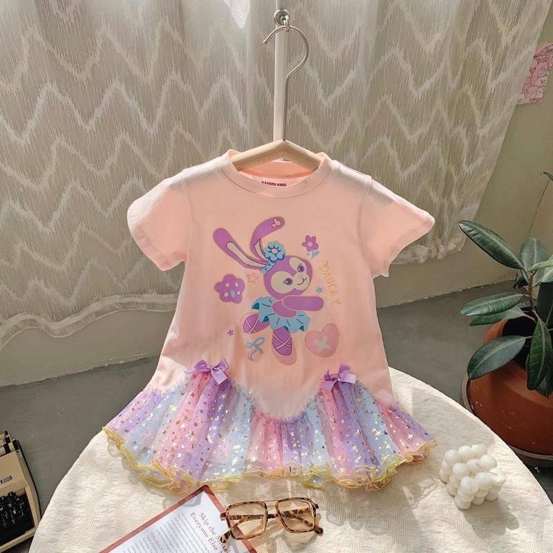 Đầm lưới cotton cổ tròn in hoạt hình phong cách phương Tây cho bé gái