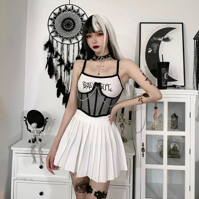 Áo nịt ngực dạng lưới phối dây xích kim loại kiểu dáng thời trang phong cách gothic cho nữ