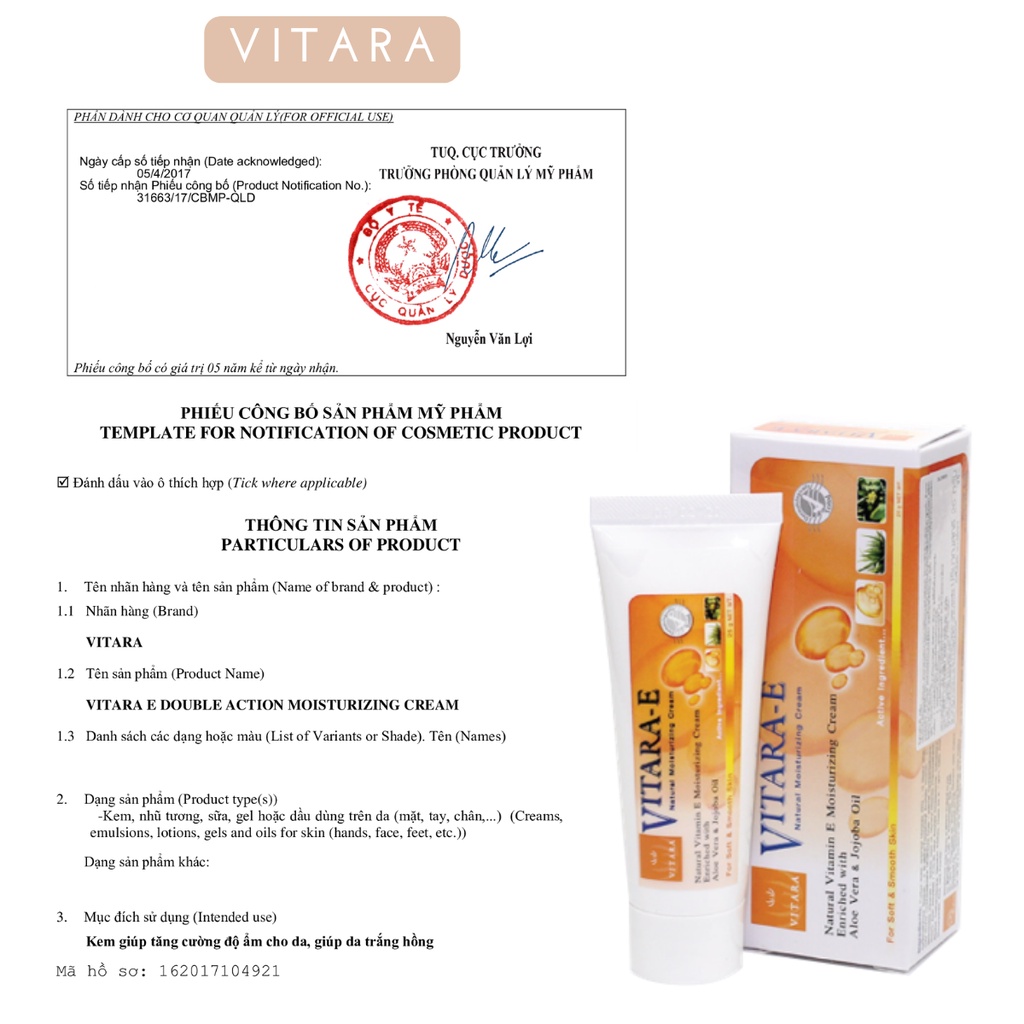 Kem dưỡng ẩm Vitara - E Cream se khít lỗ chân lông, mờ sẹo mụn, cải thiện độ đàn hồi cho da 25g hoặc 50g