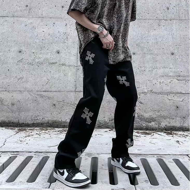 ThờI Trang QuốC HàN ĐẹP Quần Jean Đen Dáng Suông In Chữ Thập Cá Tính Phong Cách Harajuku Cho Nam QuầN VảI ỐNg SuôNg Nam