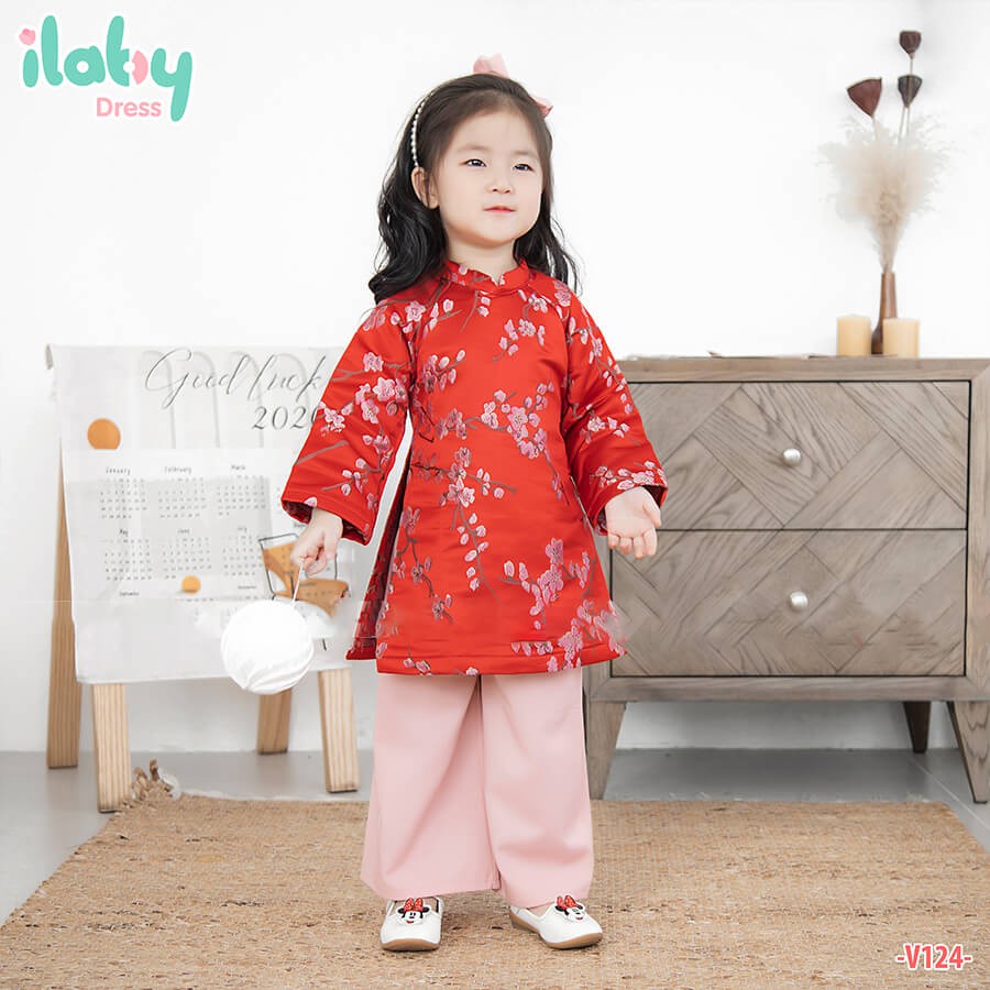 Set áo dài cách tân bé gái ILABY gấm thêu hoa đào [V124]