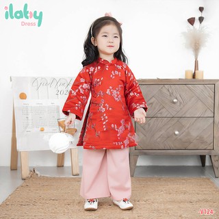 [25.6 GIẢM 40K ĐƠN 299K] Set áo dài cách tân bé gái ILABY gấm thêu hoa đào [V124]