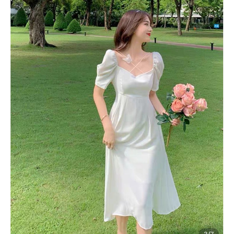 🎗ĐẦM TRẮNG XÒE CHÉO DÂY HÀN QUỐC SIÊU PHẨM