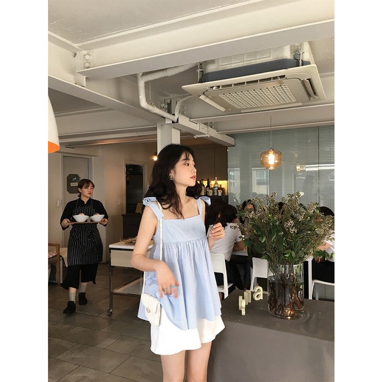 Set Áo Babydoll 2 Dây Buộc Nơ Caro Kẻ Xanh Kèm Quần Trắng Forgirl - SET ÁO 2S KẺ Xanh Xốp + Quần Sooc Đùi Trắng