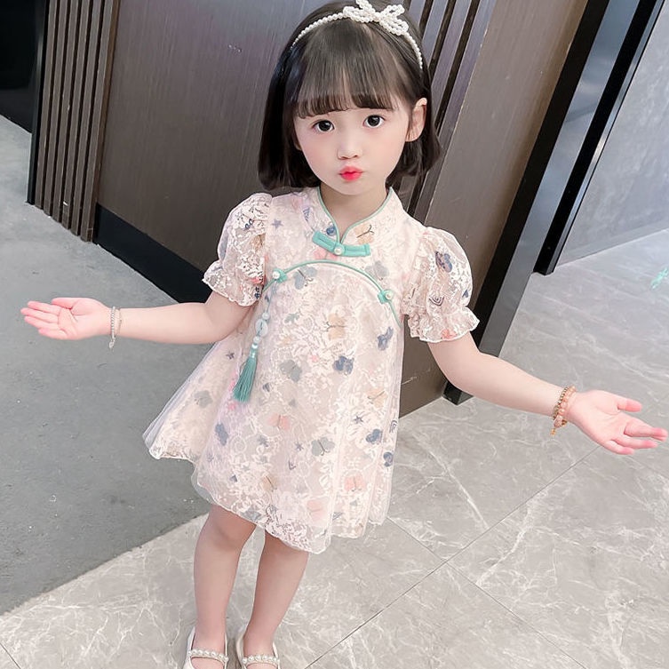 Đầm Công Chúa Mùa Hè Tay Cộc In Họa Tiết Hoạt Hình Dễ Thương Phong Cách Trung Hoa Cho Bé Gái 0-8 Tuổi