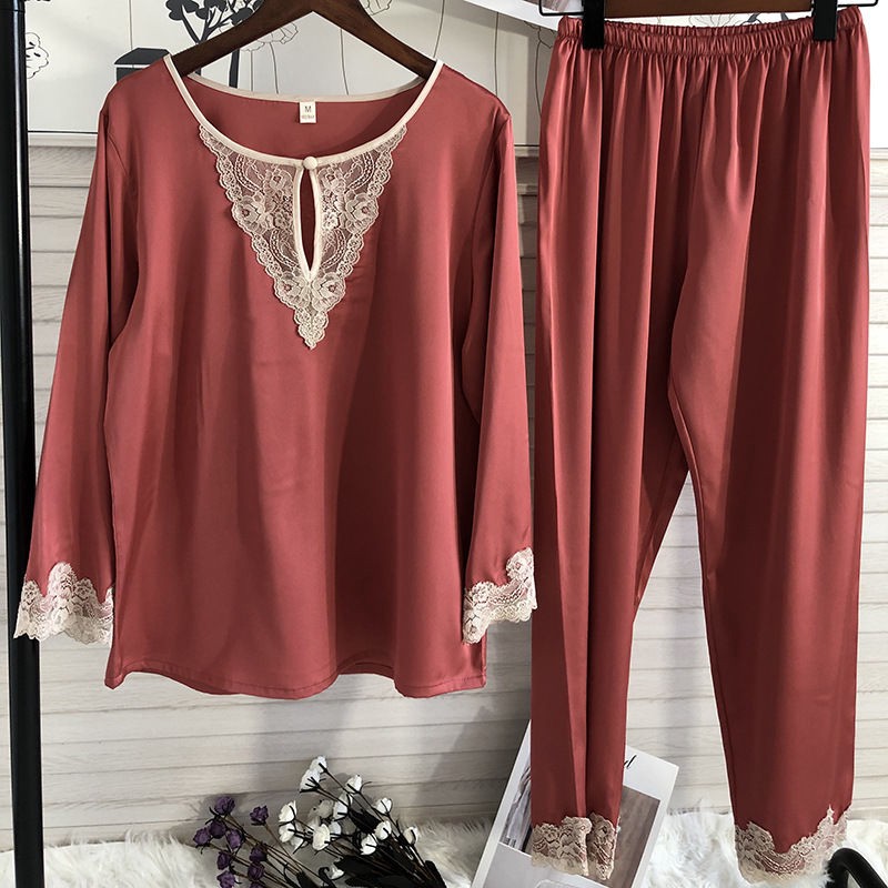 Bộ Đồ Ngủ Pijama Dài Tay Cổ Chữ V Phối Ren Cho Nữ