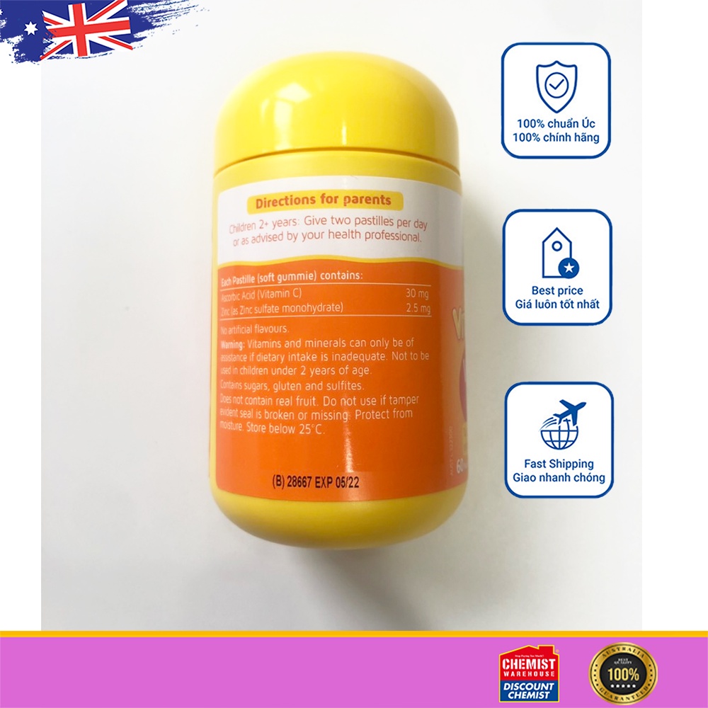 Kẹo dẻo Bổ sung Vitamin C và Kẽm cho bé của Úc Nature's Way Kids Smart Vita Gummies Vitamin C + Zinc 60 Viên