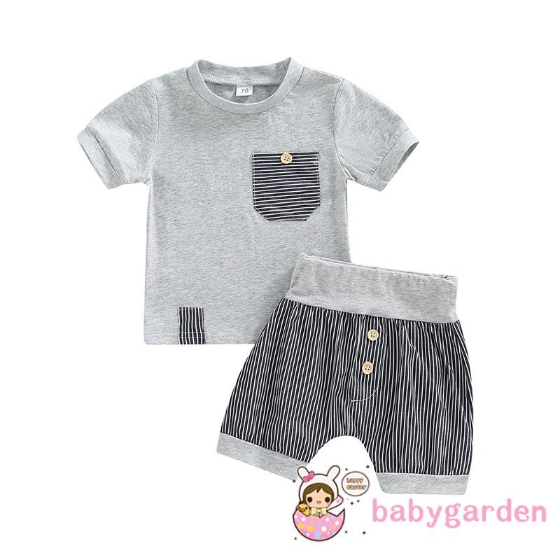 Bộ Áo Thun Ngắn Tay Cổ Tròn + Quần Short Lưng Cao Họa Tiết Kẻ Sọc Cho Bé Trai 0-24 Tháng Tuổi
