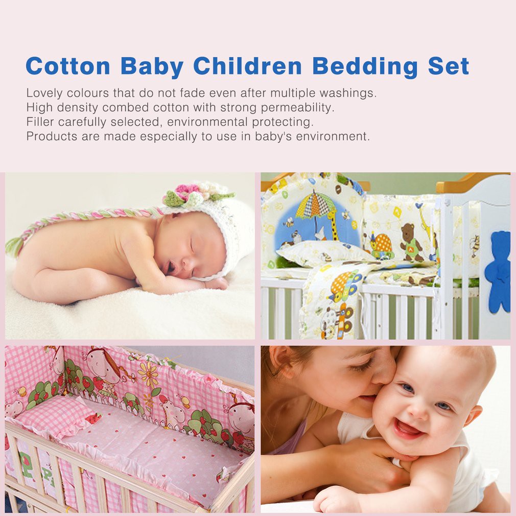Bộ 5 Món Gồm Viền Quanh Cũi Gối Và Nệm Vải Cotton Cho Giường Bé 58x100