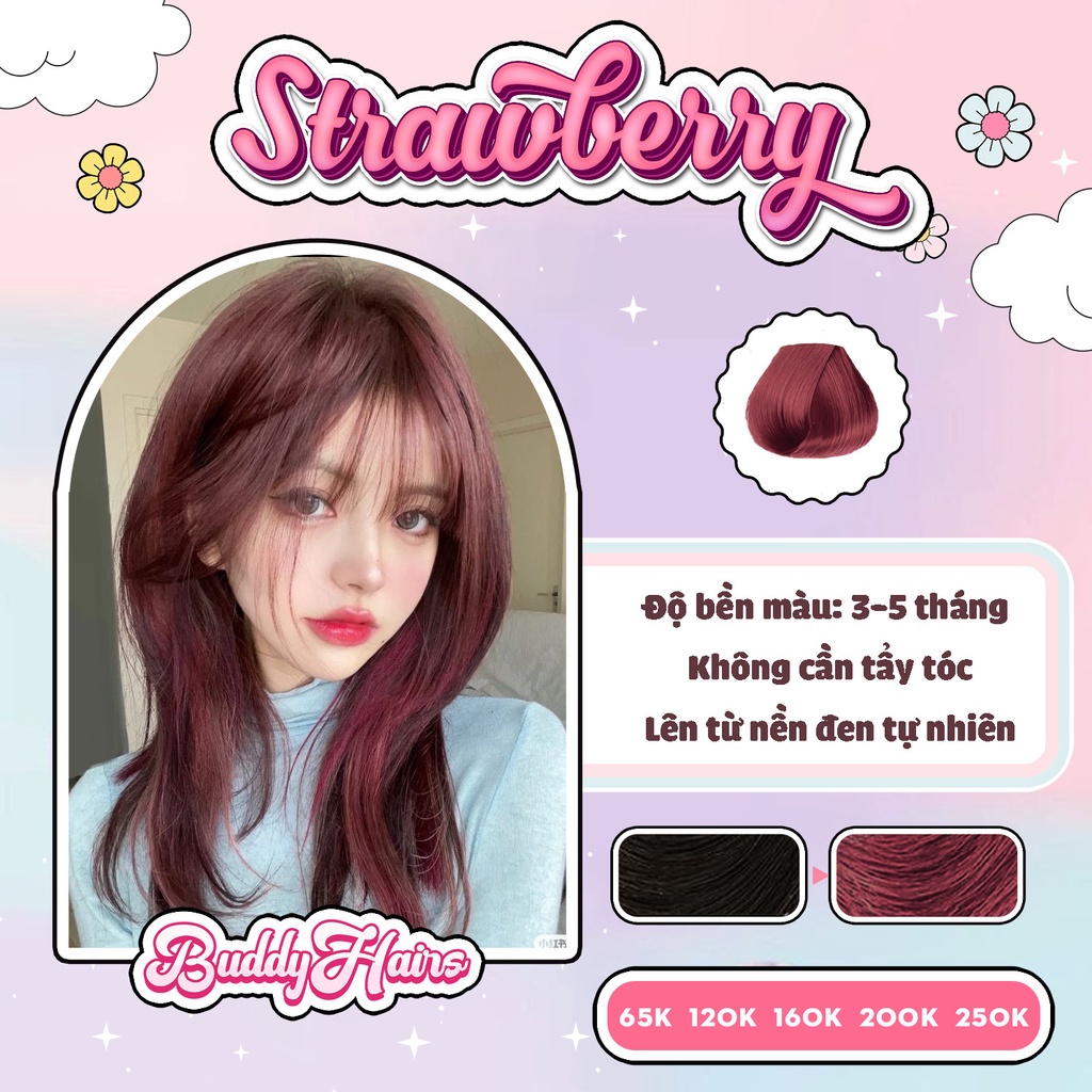Thuốc nhuộm tóc màu STRAWBERRY, ĐỎ HỒNG của Buddyhairs tặng kèm găng tay mũ trùm trợ nhuộm tiện ích