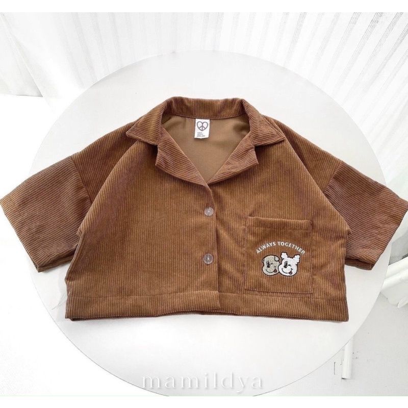 Áo Sơ mi Cổ vest croptop nhung gân thêu hình - PC