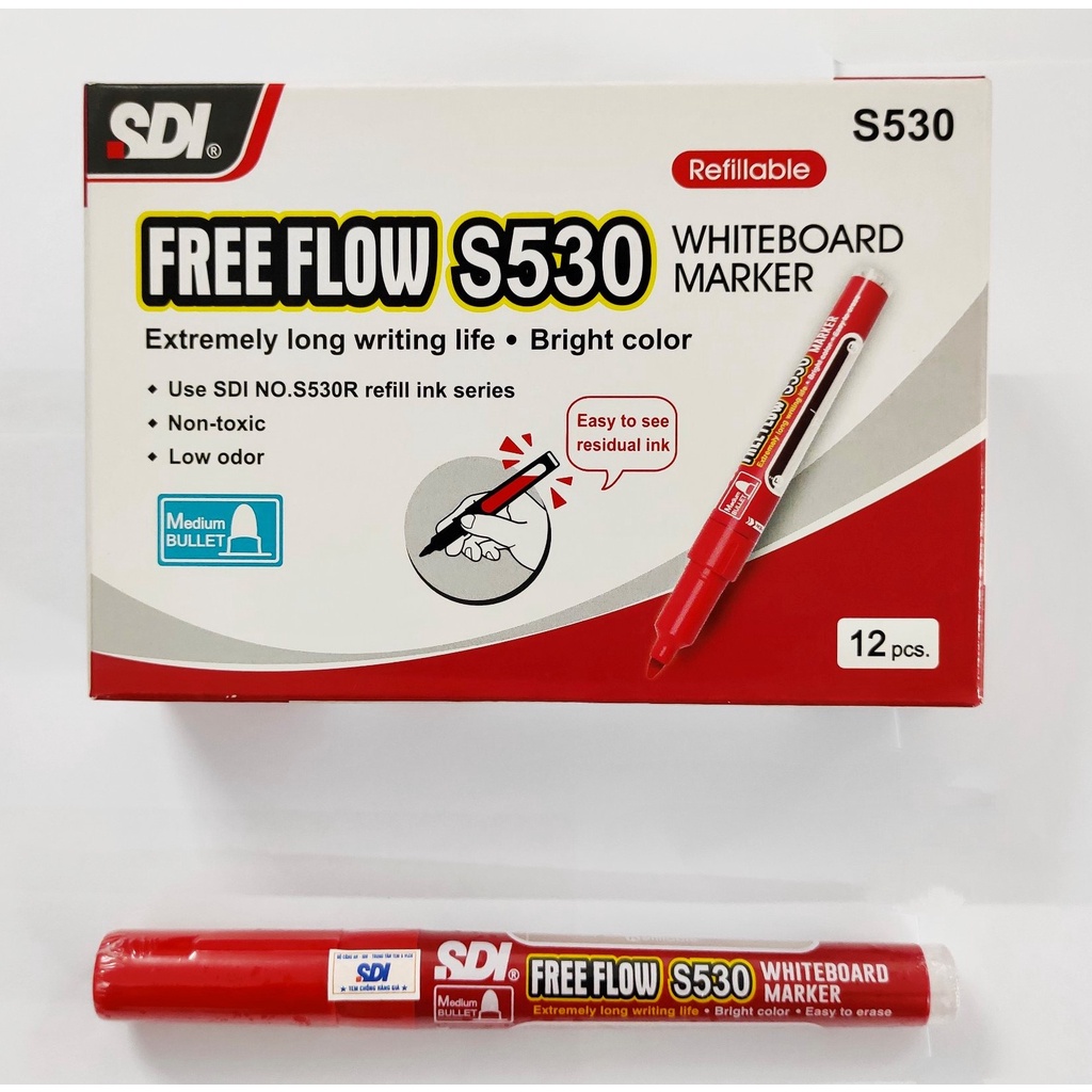 Viết lông bảng chính hãng SDI S530 WHITEBOARD MARKER ngòi 1.5mm, màu đậm, có ruột thay thế, lau sạch, có tem chống giả