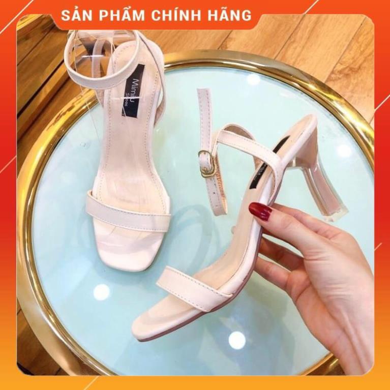 Giày cao gót nữ cao 7p Bánh bèo, giày sandal cao gót hỡ mũi, gót bọc mika phối dây thời trang màu đen và kem-hw1